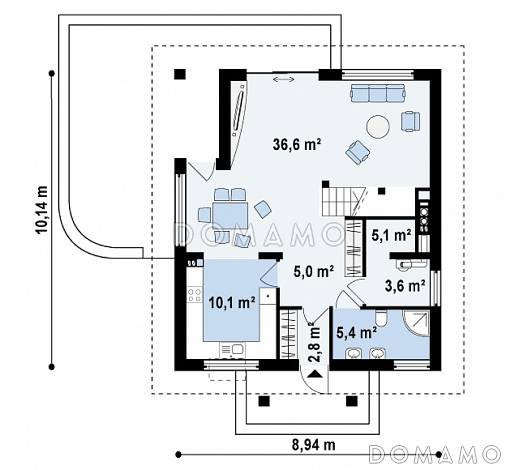Проект небольшого одноэтажного мансардного дома из кирпича с балконами на фронтоне и частично крытой террасой   / План 1 этажа