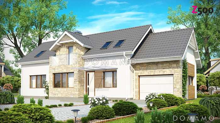 Проект мансардного дома из газобетона с гаражом, прямоугольным эркером и двумя балконами