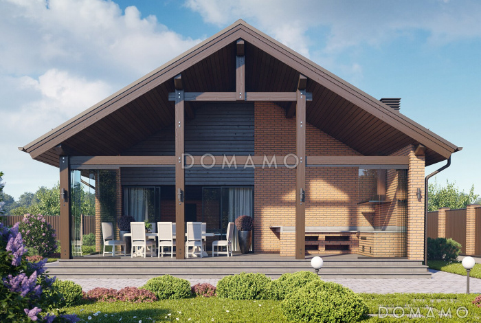 Проект каркасной беседки с крытой террасой барбекю, кухней и бильярдной