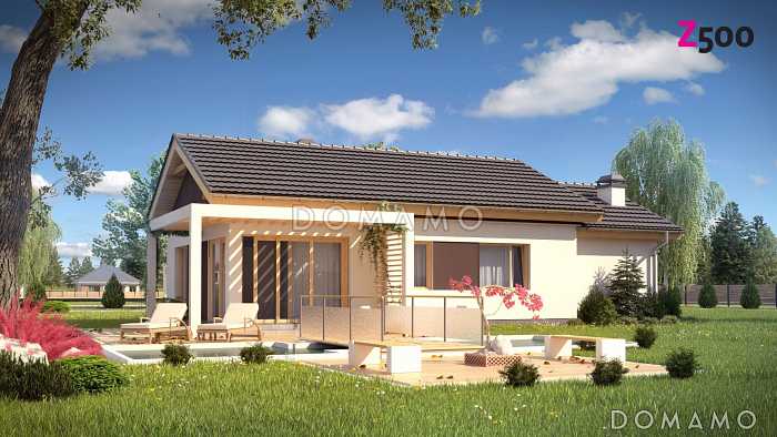 Проект одноэтажного дома из кирпича с большой светлой гостиной и с пристроенным гаражом