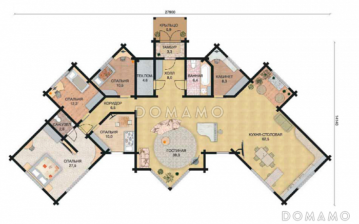 Проект одноэтажного деревянного дома из клееного бруса сложной формы / План 1 этажа