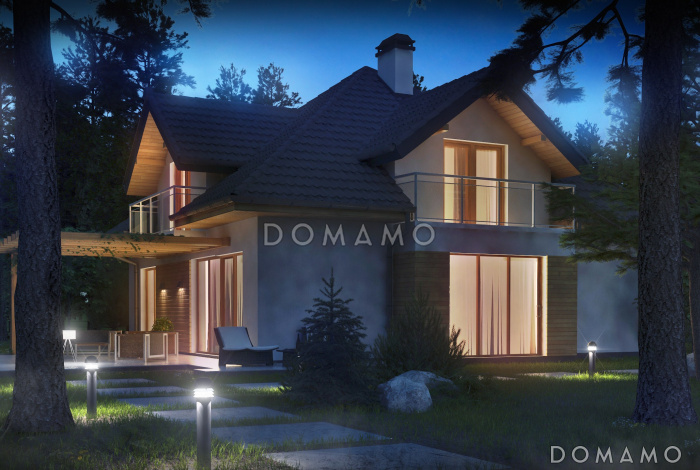 Проект классического одноэтажного мансардного дома из кирпича с дополнительными спальнями на первом этаже и мансардном, с тремя балконами и гаражом на два автомобиля