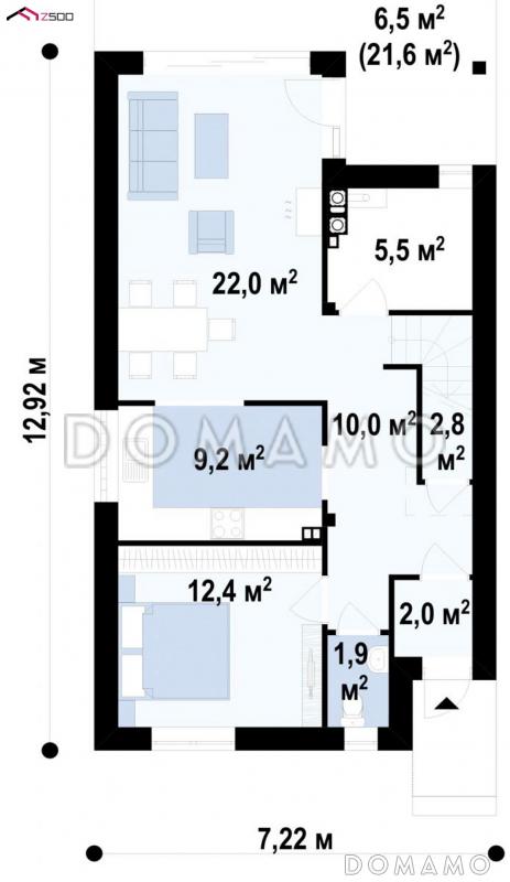 Проект небольшого мансардного дома из газобетона с отделкой планкеном / План 1 этажа