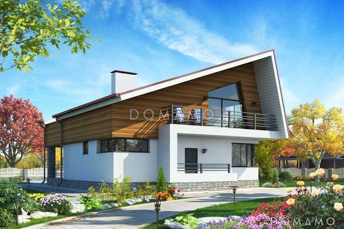 Проект дома с террасами, мансардными окнами, балконом, комнатой отдыха на первом этаже