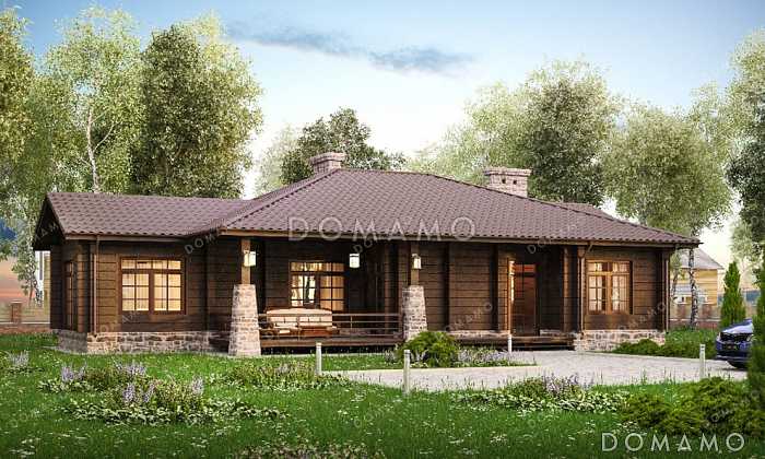 Проект одноэтажного дома с террасой, окнами в пол, 3 спальнями и кухней-гостиной