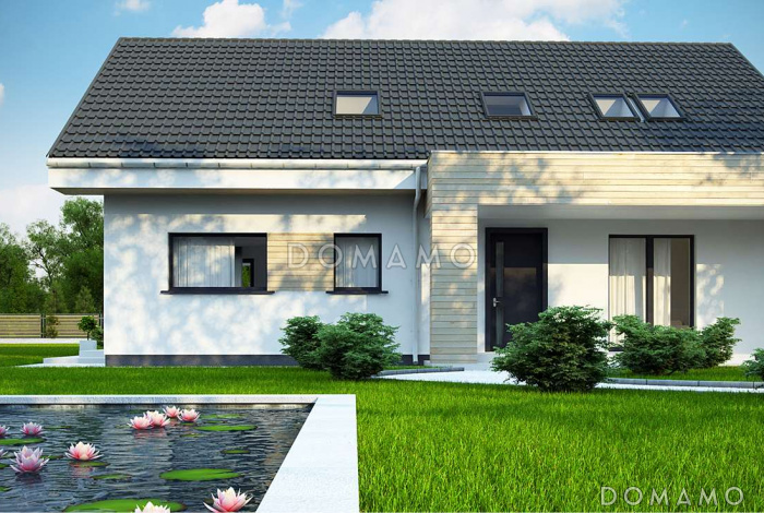 Проект одноэтажного мансардного дома из кирпича с угловой террасой