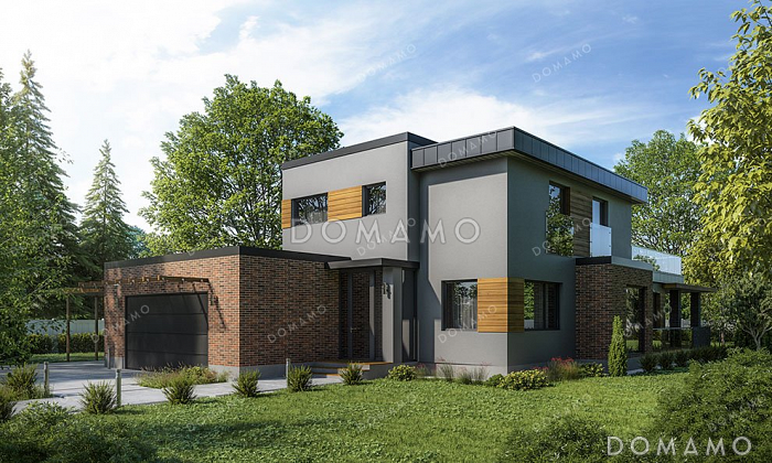 Проект двухэтажного дома с открытой террасой и гаражом на два автомобиля