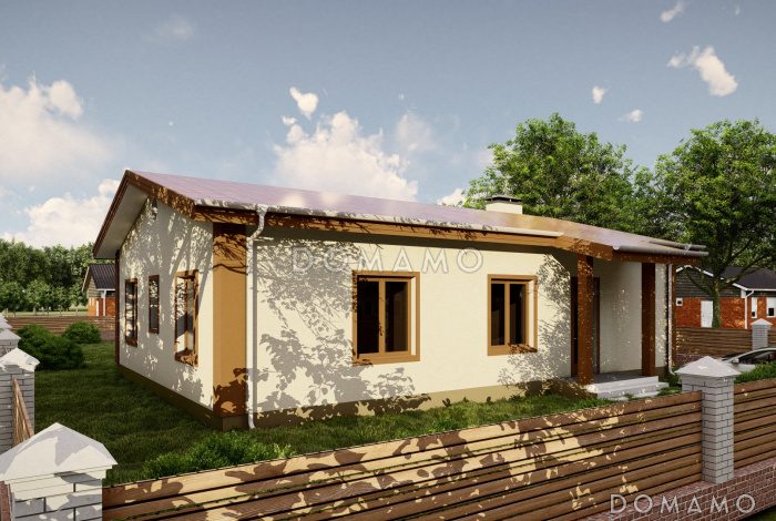 Проект дома с тремя спальнями, гостиной-кухней и постирочной