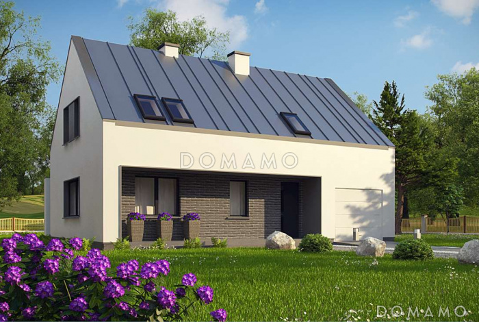 Проект одноэтажного мансардного дома из газобетона в современном стиле, со встроенным гаражом