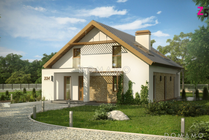 Проект одноэтажного мансардного дома из кирпича с гостевой комнатой на первом этаже и балконом над террасой