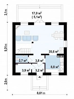 Проект одноэтажного дома из газобетона с мансардой и просторной гостиной / План 1 этажа
