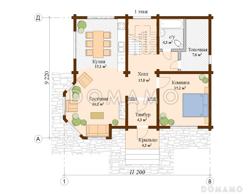 Проект двухэтажного дома из клееного бруса с относительно небольшой площадью / План 1 этажа