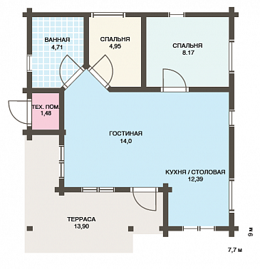 Проект небольшого одноэтажного деревянного дома из клееного бруса с двумя спальнями / План 1 этажа