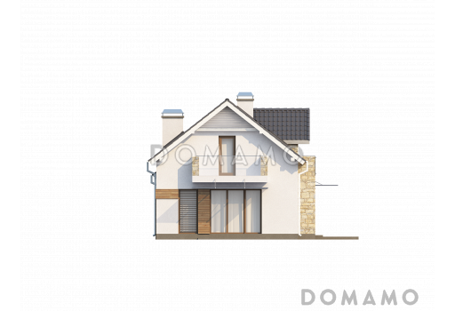 Проект мансардного дома из кирпича с гаражом, прямоугольным эркером и двумя балконами / Фасад 1
