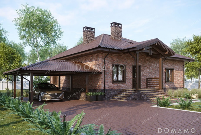 Проект одноэтажного дома с просторной террасой и навесом для автомобиля