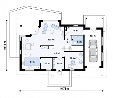 Проект одноэтажного мансардного дома из газобетона со встроенным гаражом и угловой террасой / План 1 этажа