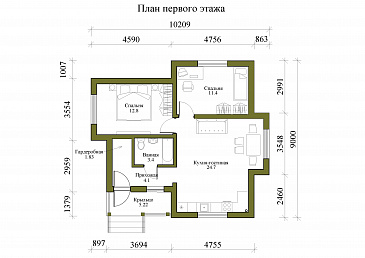 Проект компактного одноэтажного дома с двумя спальнями / План 1 этажа