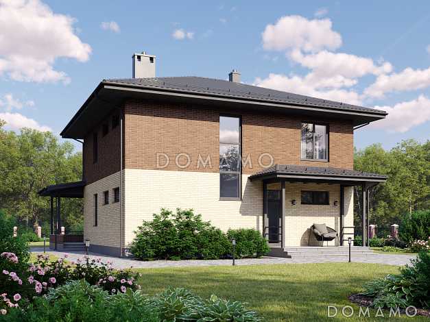 Проект кирпичного дома с кабинетом, 4 спальнями и крытой террасой