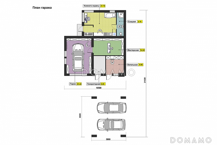 Крытый гараж на одну машину с навесом на два автомобиля, сауной и мастерской / План 1 этажа