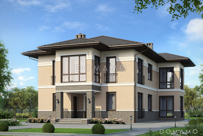 Проект двухэтажного дома из пеноблоков с выходом на террасу из просторной гостиной