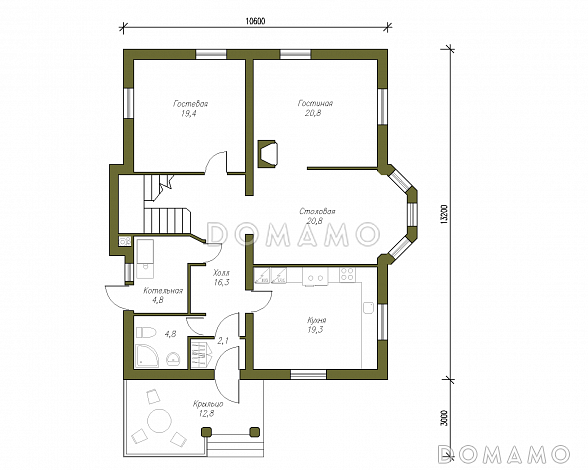 Проект двухэтажного кирпичного коттеджа с мансардой / План 1 этажа
