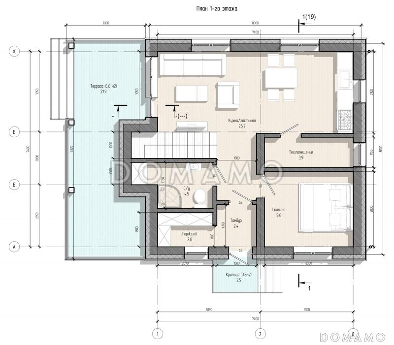 Проект двухэтажного дома с эксплуатируемой кровлей, 4 спальнями, кухней-гостиной и местами для хранения / План 1 этажа