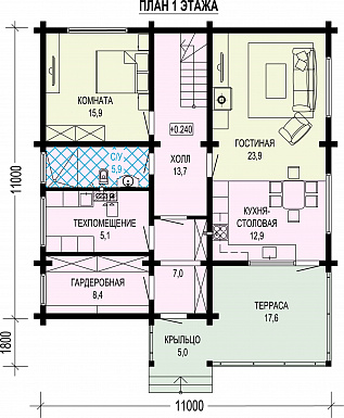 Проект дома из бруса с угловой террасой, вместительной гардеробной и кабинетом / План 1 этажа