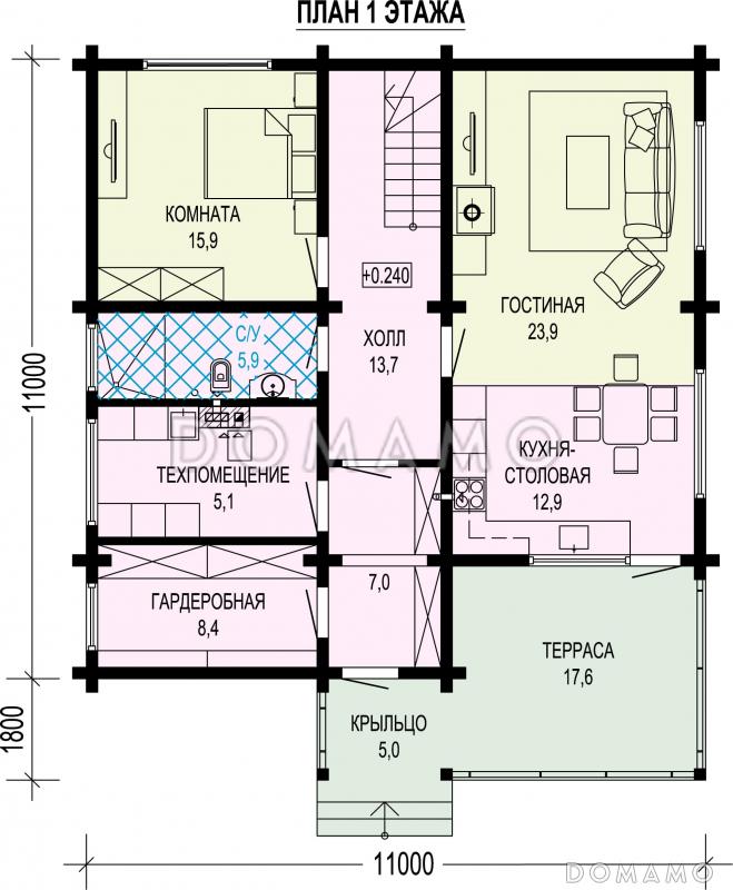 Проект дома из бруса с угловой террасой, вместительной гардеробной и кабинетом / План 1 этажа