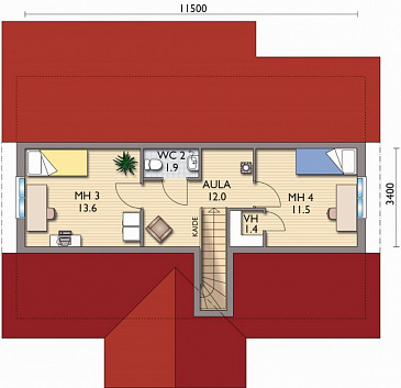 Проект каркасного дома с небольшими комнатами на мансардном этаже / План мансардного этажа