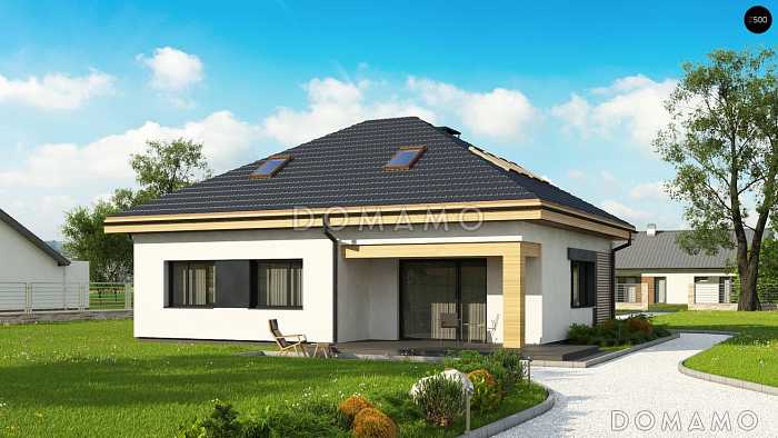 Проект одноэтажного дома из кирпича с тремя спальнями и небольшой крытой угловой террасой, с жилой мансардой