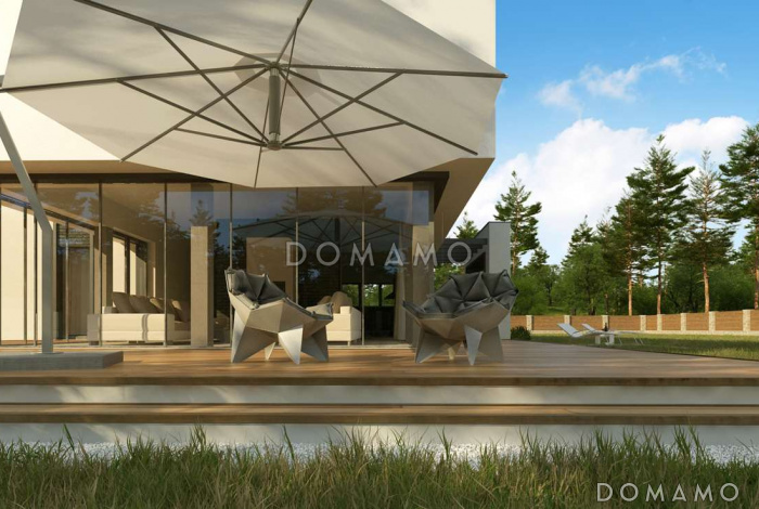 Проект современного двухэтажного дома из кирпича с плоской крышей с гаражом для двух автомобилей и террасами на обоих уровнях