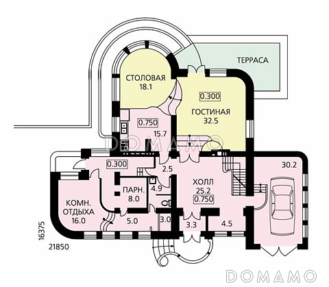 Проект комфортабельного дома с необычной формой в плане, гаражом и парной / План 1 этажа