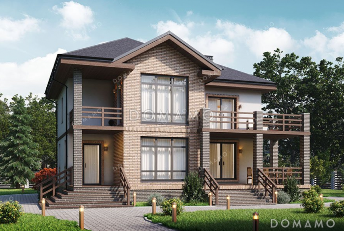 Проект двухэтажного дома с террасой и тремя спальнями