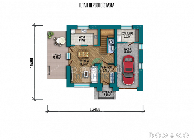 Проект одноэтажного дома с мансардой, большой террасой и гаражом / План 1 этажа