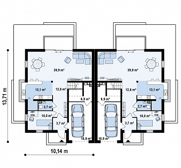 Проект современных мансардных домов-близнецов из газобетона с гаражом, слуховым окном и балконом / План 1 этажа