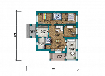 Проект одноэтажного дома с большим тамбуром, тремя комнатами, верандой и террасой / План 1 этажа
