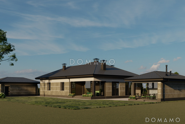 Проект одноэтажного газобетонного дома с двумя спальнями, гардеробными, кладовой на кухне и крытой террасой