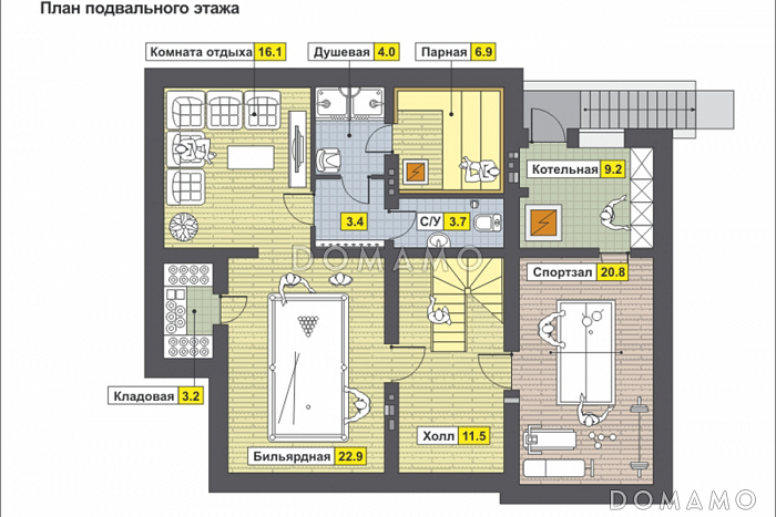 Проект светлого дома с бильярдной и спортзалом в цокольном этаже,  длинным балконом,  панорамными окнами в спальне на мансарде / План цокольного этажа