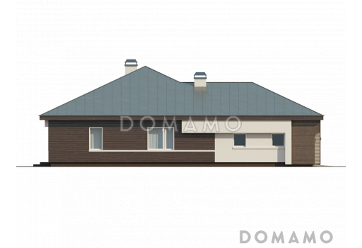 Проект одноэтажного дома из газобетона со стеклянным эркером в просторной гостиной и гаражом на два автомобиля / Фасад 4
