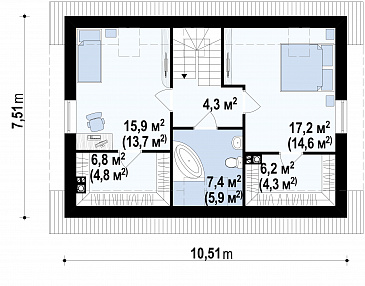 Проект простого одноэтажного мансардного дома из кирпича с тремя спальнями и индивидуальными гардеробными / План мансардного этажа