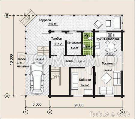 Проект дома из клееного бруса с навесом для одного авто / План 1 этажа