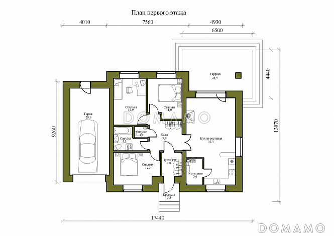 Проект одноэтажного газобетонного дома с тремя спальнями, гаражом и террасой / План 1 этажа