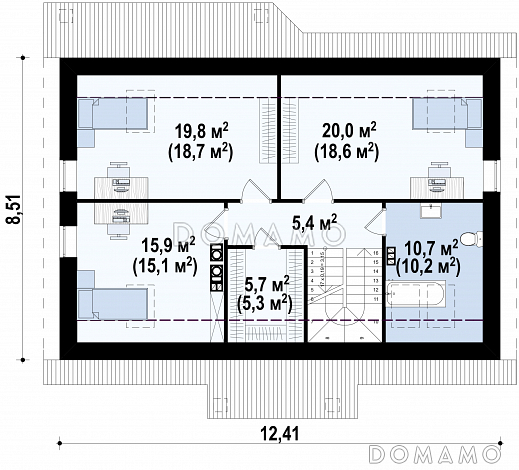 Проект мансардного дома из газобетона с острой крышей, с тремя спальнями и небольшой крытой террасой / План мансардного этажа