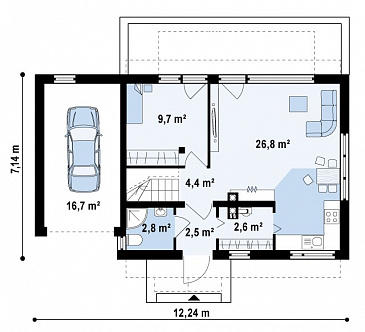 Проект одноэтажного дома из кирпича с мансардным этажом, светлой гостиной и гаражом для автомобиля / План 1 этажа