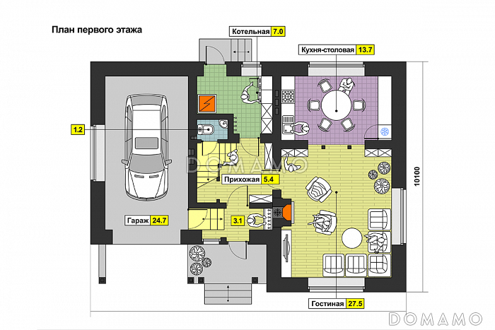 Проект загородного дома с тремя спальнями на мансардном этаже, круглым окном, гаражом на одну машину / План 1 этажа