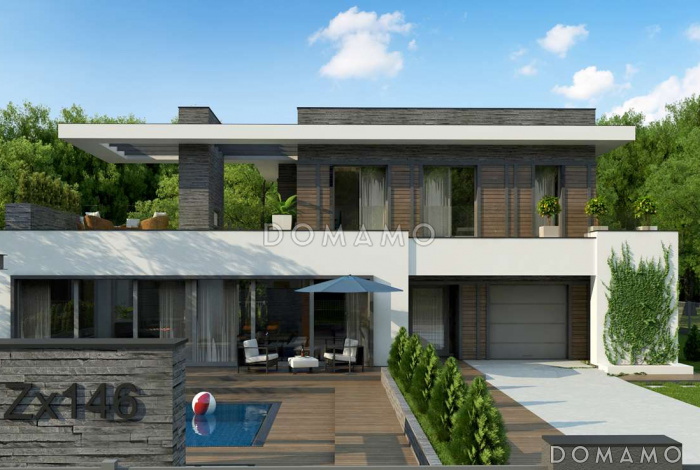 Проект современного двухэтажного дома из газобетона с панорамным остеклением и просторной террасой на втором этаже