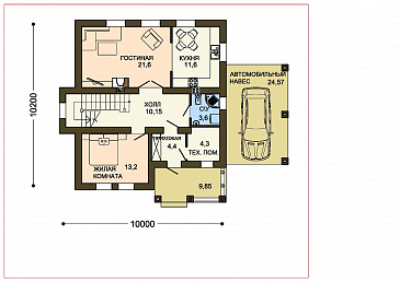 Проект двухэтажного коттеджа с облицовкой клинкером и с навесом для автомашины / План 1 этажа