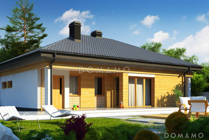 Проект одноэтажного дома из газобетона с дневной зоной в тыльной части дома и выходом на большую террасу и гаражом на один автомобиль