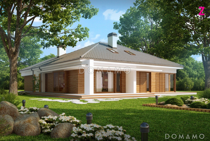 Проект одноэтажного дома из газобетона со свободной планировкой на мансардном этаже и с большим гаражом и техническим помещением