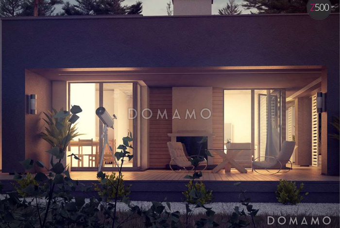 Проект одноэтажного дома из газобетона с плоской крышей, большой площадью остекления и крытой террасой